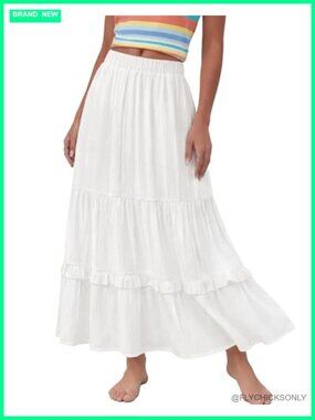 Tiered Ruffle Maxi Skirt Elastic High Waisted A-Line Flowy Long Skirt